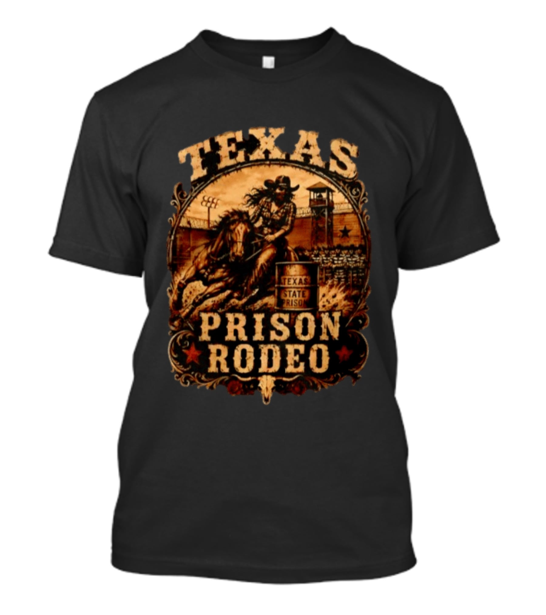 Texas State Prison Rodeo Cowgirl On Horse Western Scene T-Shirt