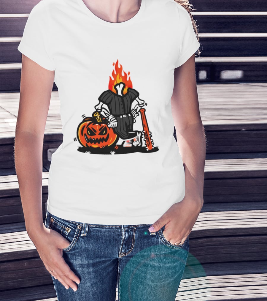Flaming Pumpkin Head Baseball Player 2026 Halloween T-Shirt