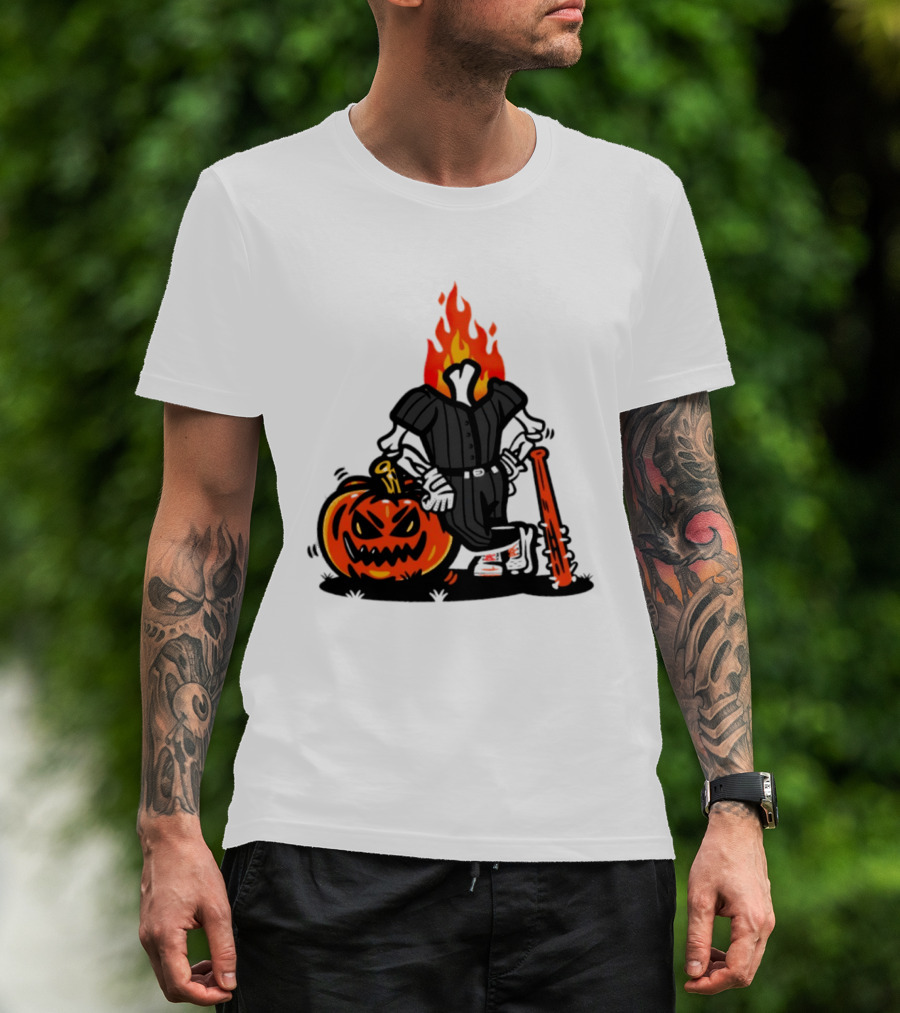 Flaming Pumpkin Head Baseball Player 2026 Halloween T-Shirt