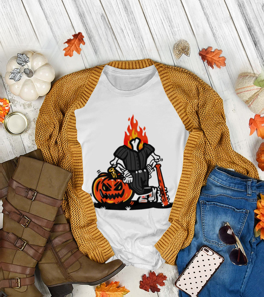 Flaming Pumpkin Head Baseball Player 2026 Halloween T-Shirt
