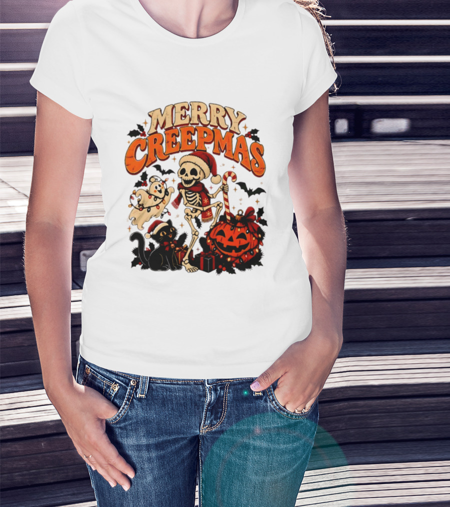 Merry Creepmas Skeleton Ghost Black Cat Pumpkin Holiday Scene T-Shirt