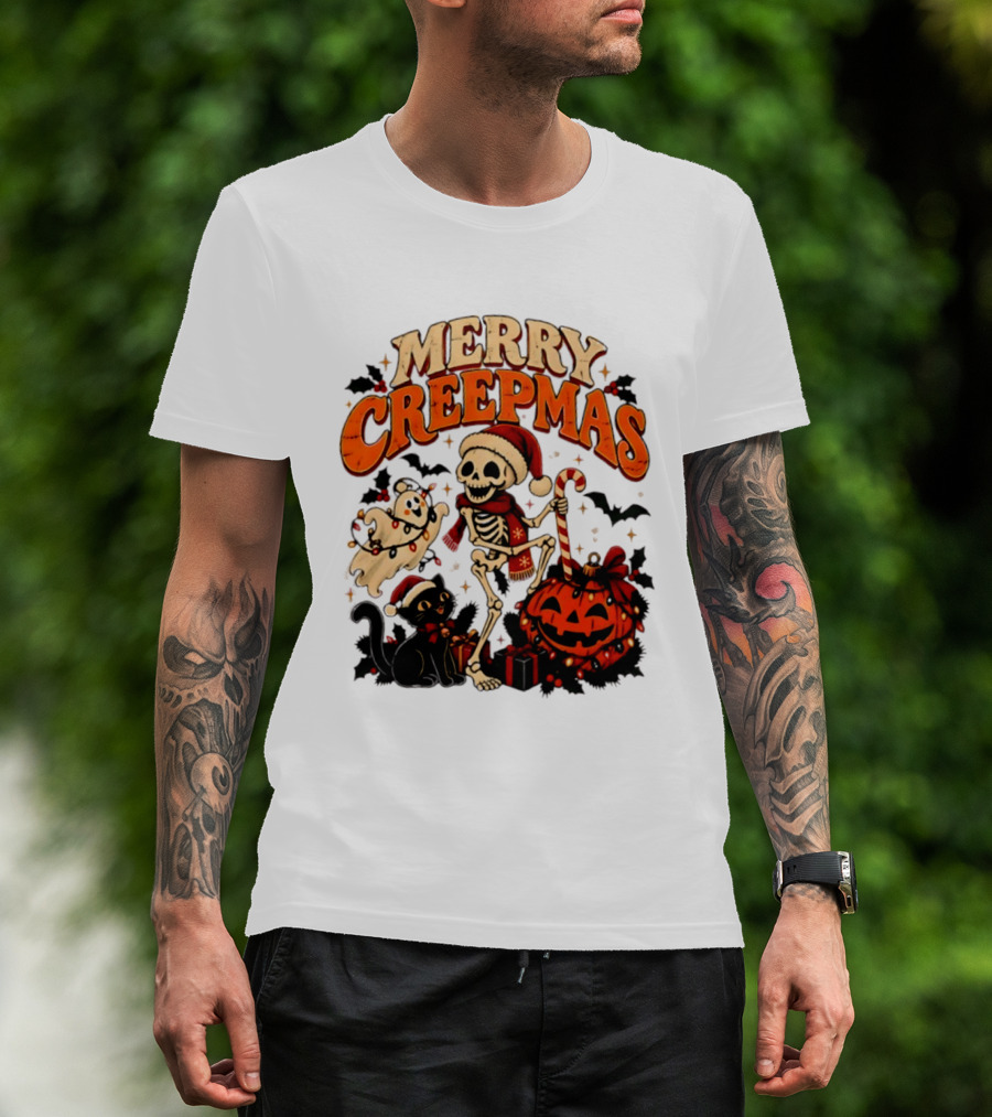 Merry Creepmas Skeleton Ghost Black Cat Pumpkin Holiday Scene T-Shirt