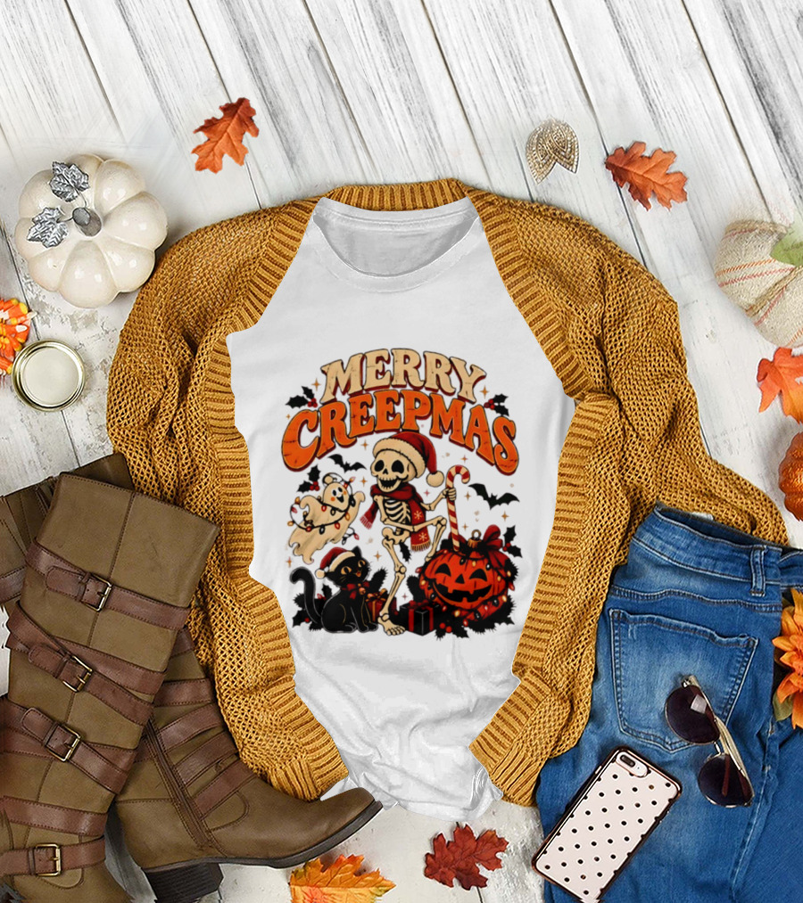 Merry Creepmas Skeleton Ghost Black Cat Pumpkin Holiday Scene T-Shirt