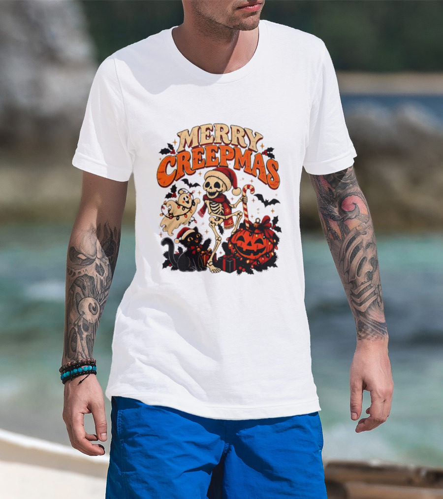 Merry Creepmas Skeleton Ghost Black Cat Pumpkin Holiday Scene T-Shirt