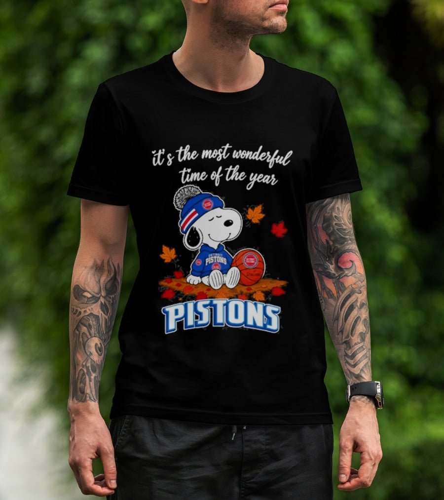 Detroit Pistons Snoopy Autumn Football It's The Most Wonderful Time Of The Year T-Shirt