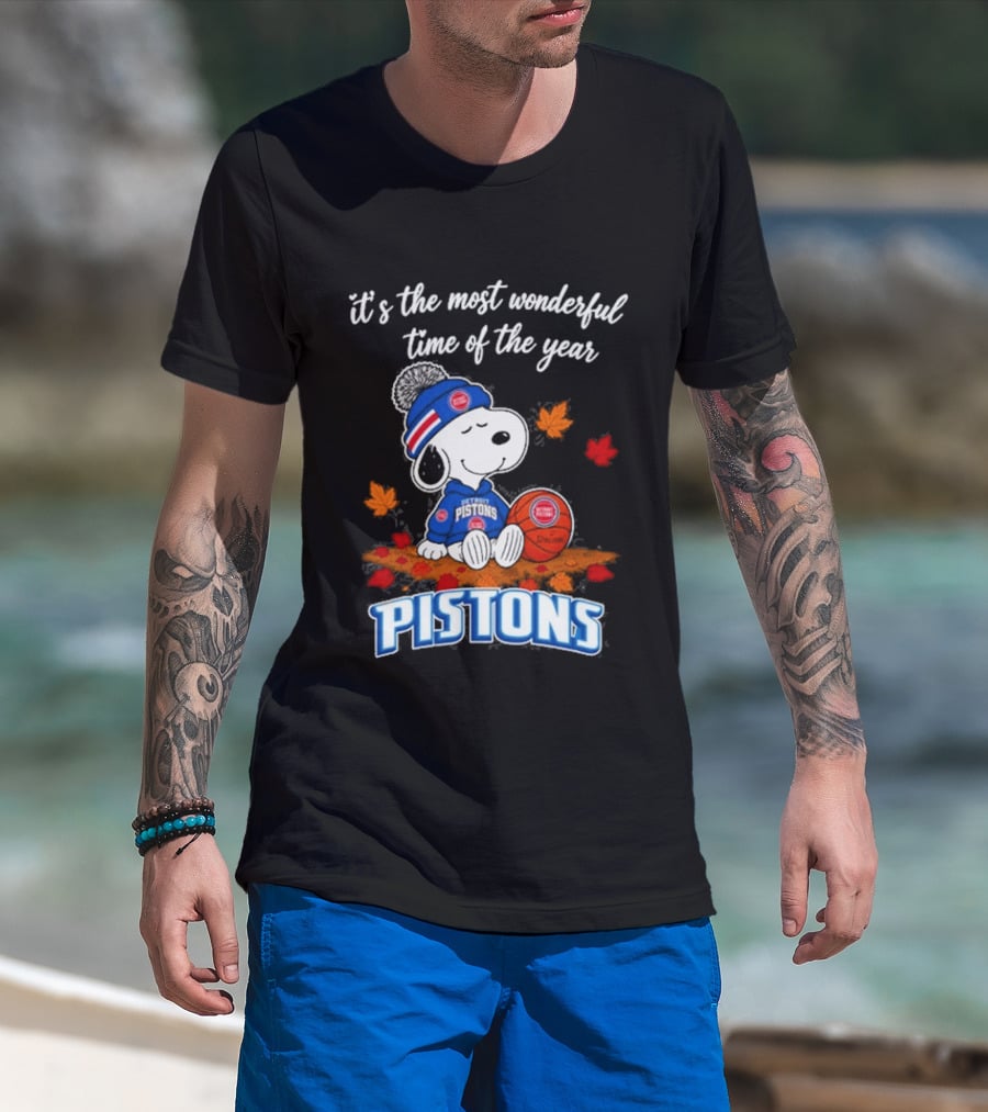 Detroit Pistons Snoopy Autumn Football It's The Most Wonderful Time Of The Year T-Shirt