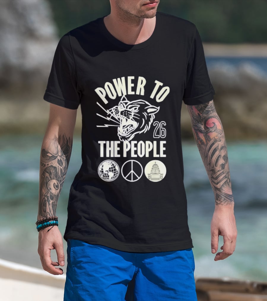 Power To The People 26 Roaring Panther Globe Peace Sign T-Shirt
