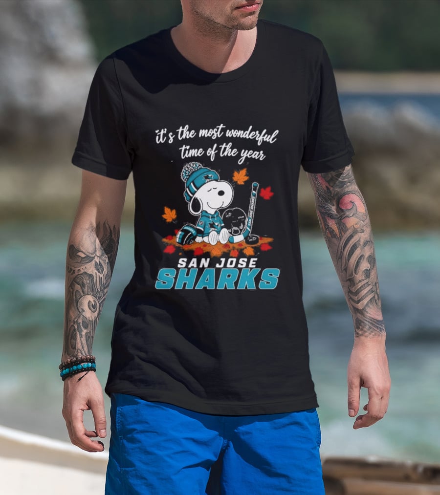 San Jose Sharks Snoopy Autumn Hockey It's The Most Wonderful Time Of The Year T-Shirt