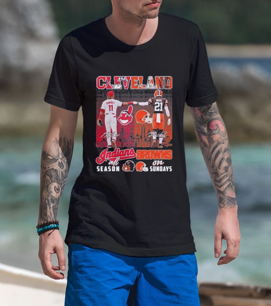 Cleveland José Ramírez Fist Bump Denzel Ward Indians All Season Browns On Sundays City Skyline T-Shirt