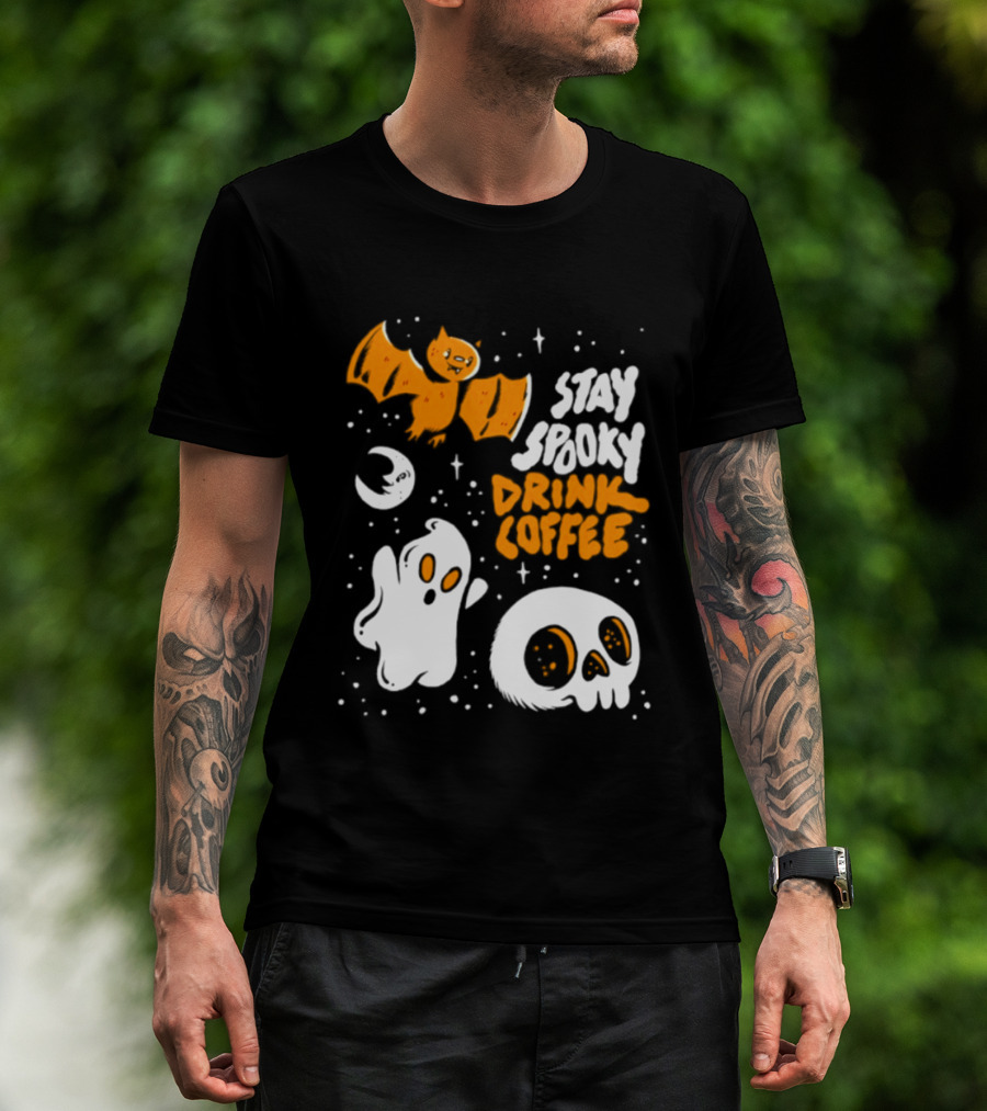 Stay Spooky Drink Coffee Halloween Ghost With Bat Skull And Moon T-Shirt