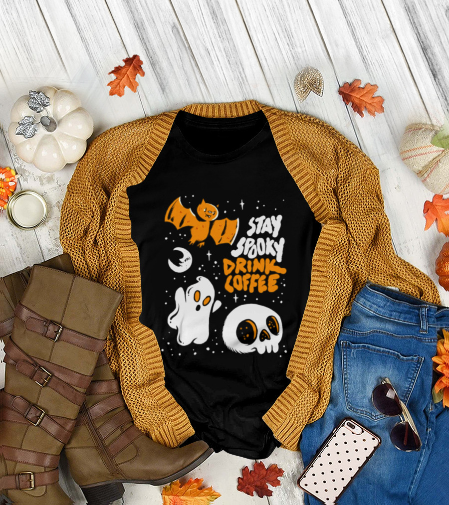 Stay Spooky Drink Coffee Halloween Ghost With Bat Skull And Moon T-Shirt