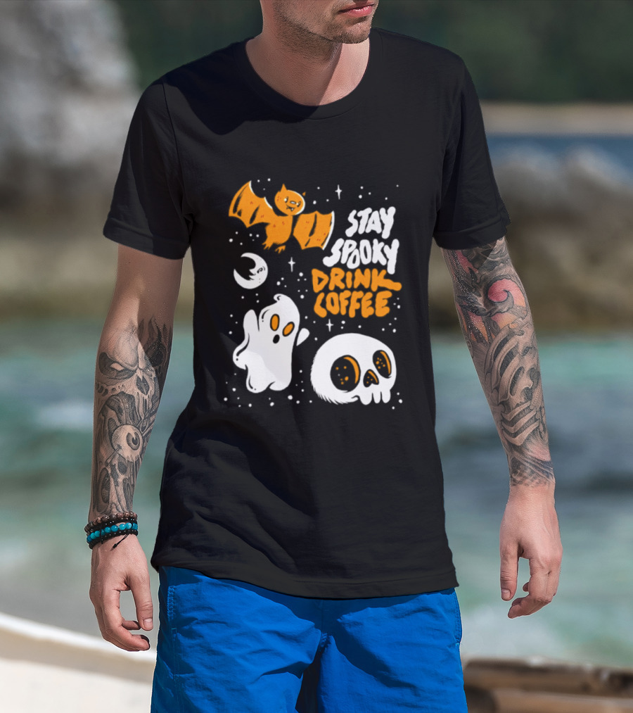 Stay Spooky Drink Coffee Halloween Ghost With Bat Skull And Moon T-Shirt