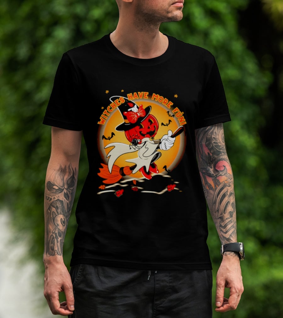 Witches Have More Fun Pumpkin Witch Riding Broomstick Halloween Magic T-Shirt