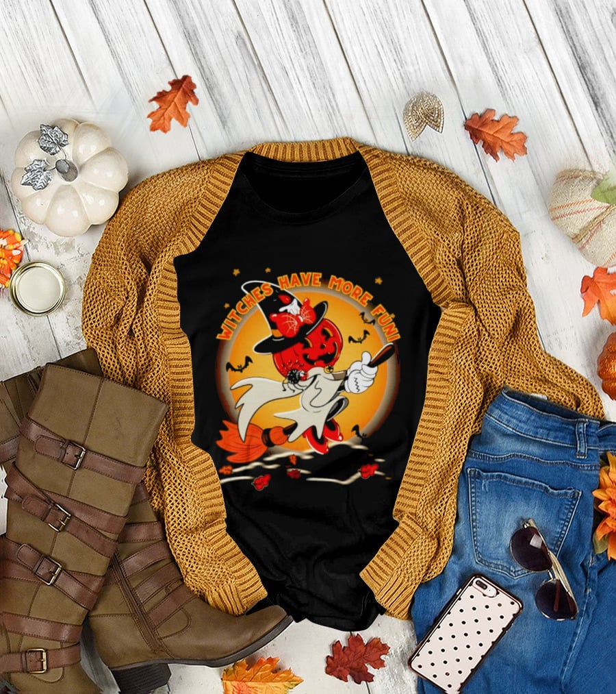 Witches Have More Fun Pumpkin Witch Riding Broomstick Halloween Magic T-Shirt
