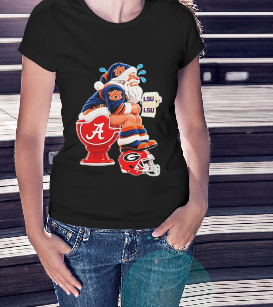 Auburn Santa On Alabama Crimson Tide Toilet With LSU Paper Georgia Bulldogs Helmet Football Humor T-Shirt