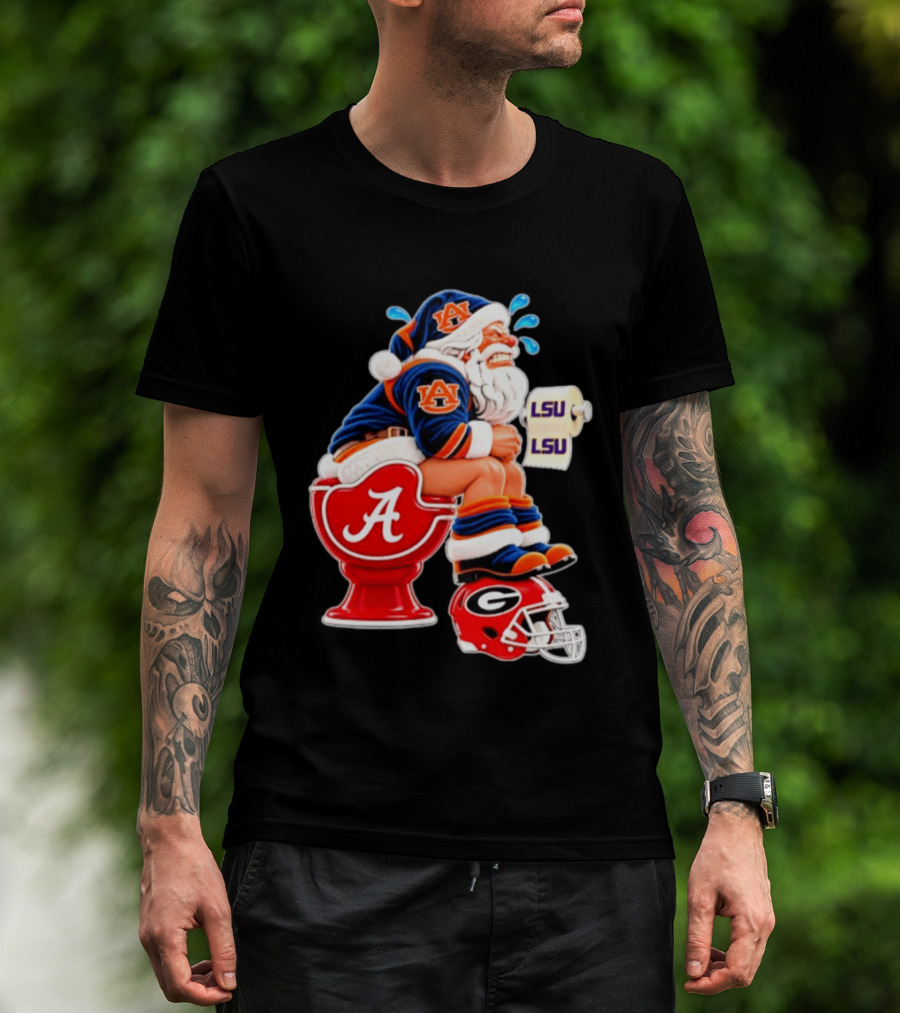 Auburn Santa On Alabama Crimson Tide Toilet With LSU Paper Georgia Bulldogs Helmet Football Humor T-Shirt