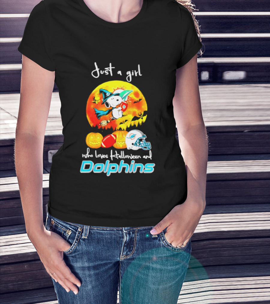 Just A Girl Who Loves Halloween And Miami Dolphins Snoopy Woodstock Pumpkin Football T-Shirt