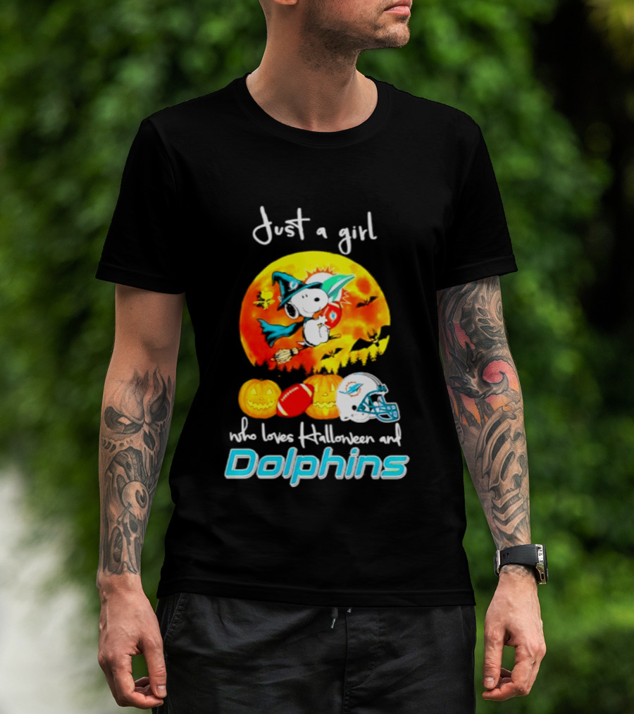Just A Girl Who Loves Halloween And Miami Dolphins Snoopy Woodstock Pumpkin Football T-Shirt