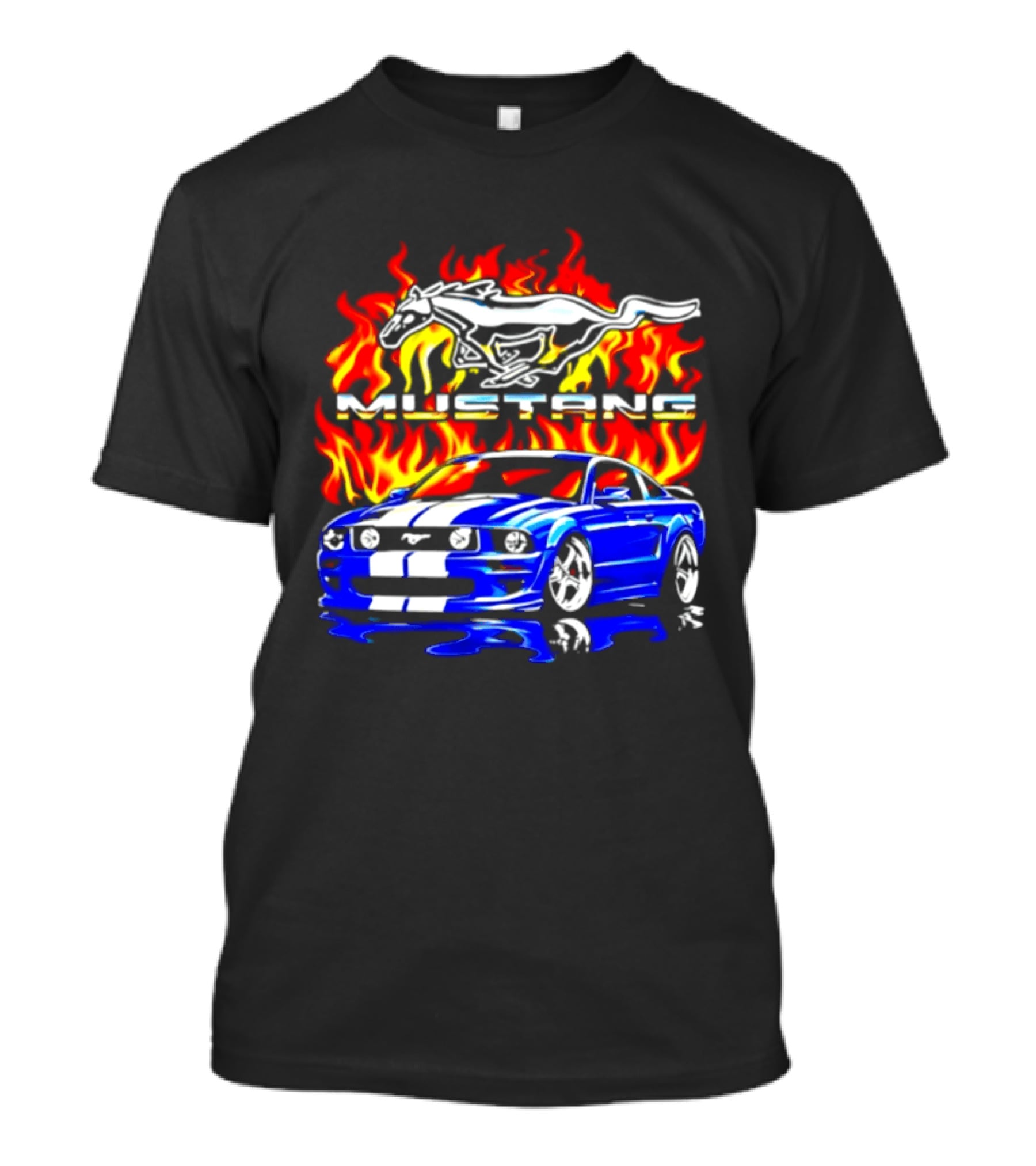 Mustang Blue Car With Flaming Horse And Fire T-Shirt