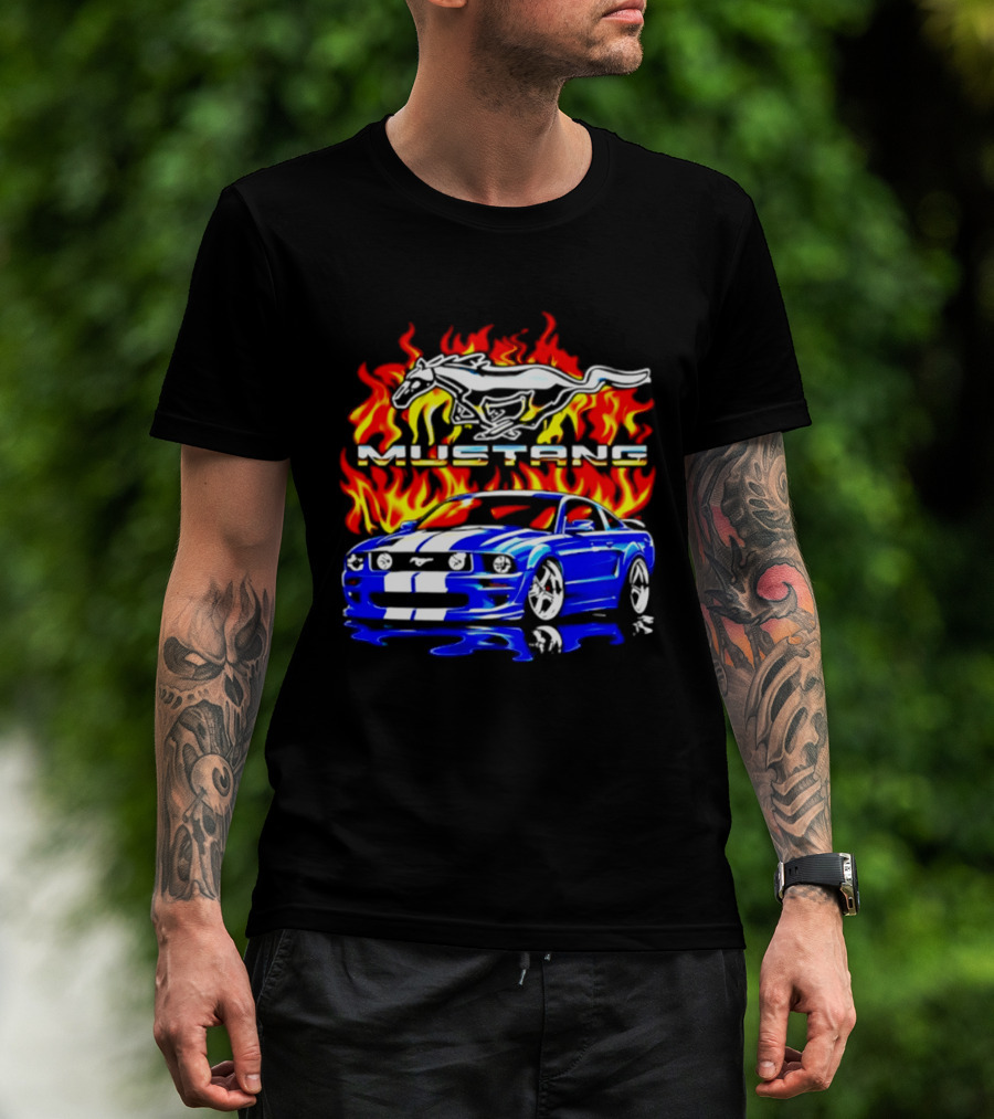 Mustang Blue Car With Flaming Horse And Fire T-Shirt