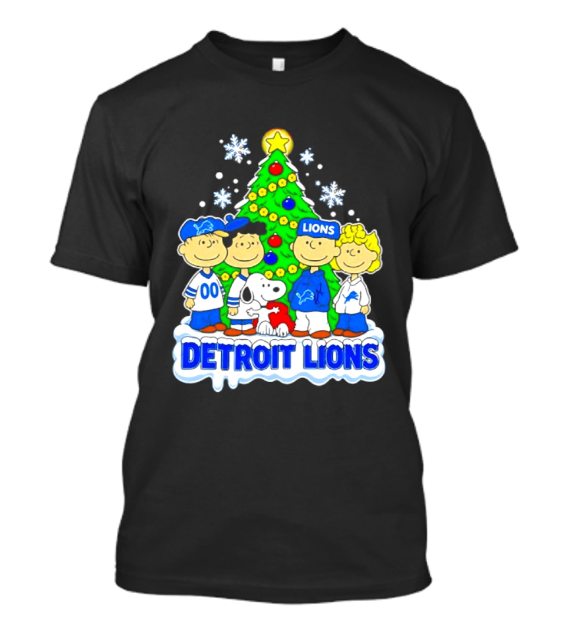 Peanuts Christmas Tree Detroit Lions Team Snoopy Woodstock T-Shirt