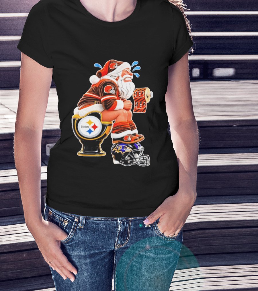 Santa Claus Cleveland Browns Toilet Sitting Steelers Ravens Bengals Meme T-Shirt