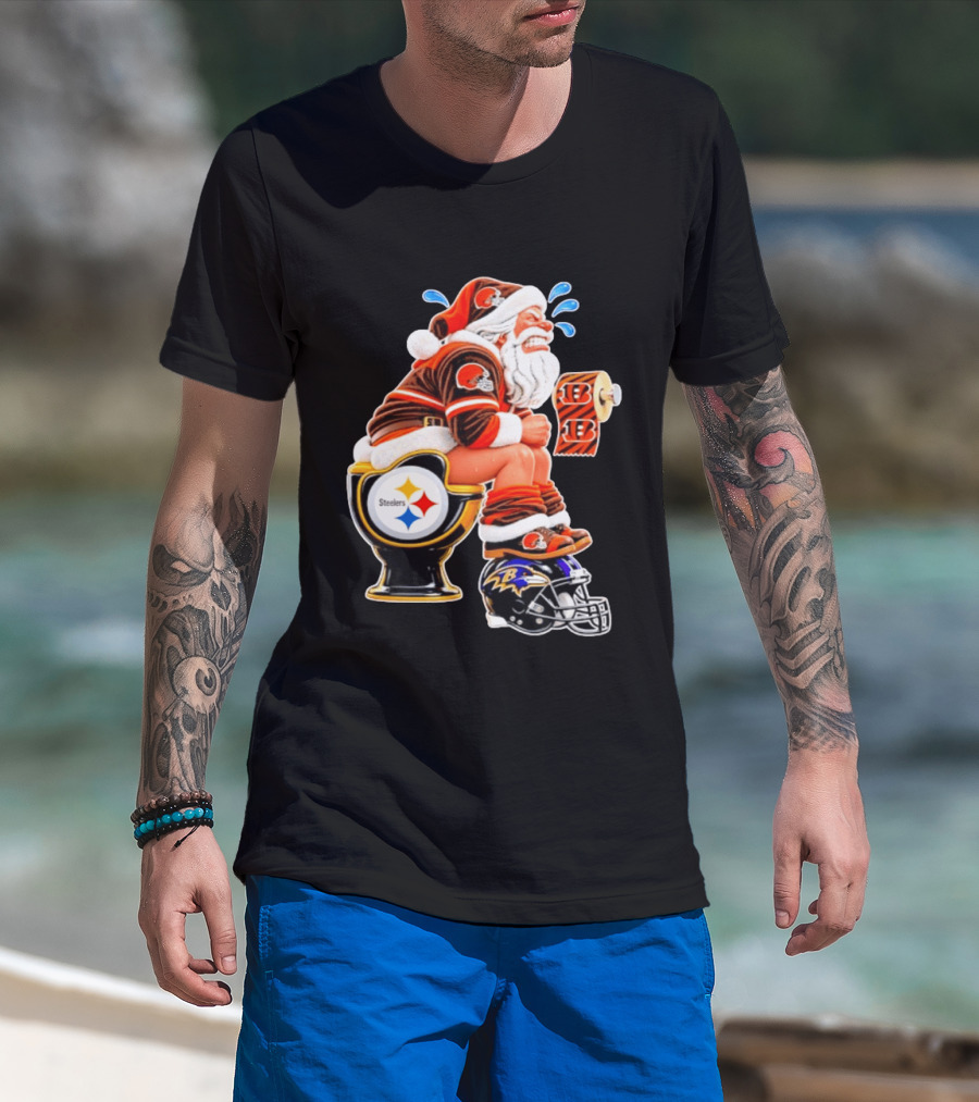 Santa Claus Cleveland Browns Toilet Sitting Steelers Ravens Bengals Meme T-Shirt