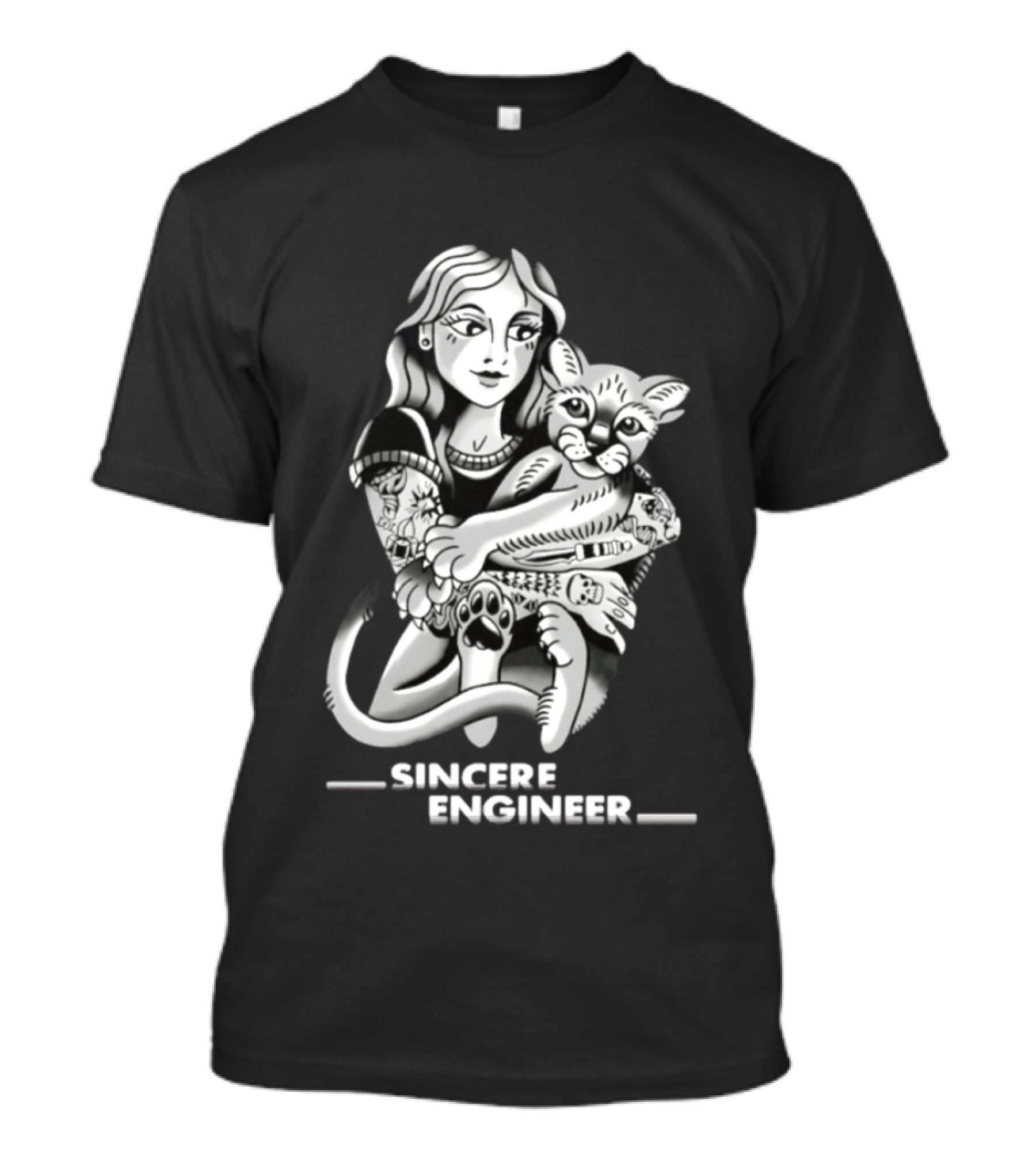 Sincere Engineer Punk Alternative Tattooed Girl Hugging Cat T-Shirt