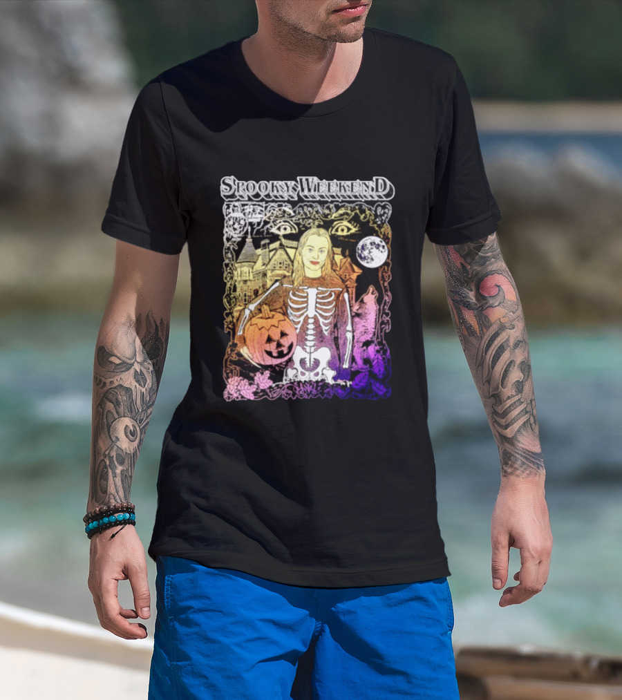 Spooky Weekend Skeleton Pumpkin Haunted House Halloween Magic Moonlit Night T-Shirt