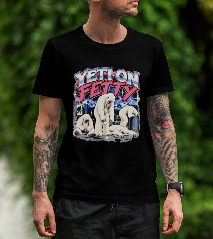 Yeti On Fetty Bigfoot Snowy Mountain Scene T-Shirt