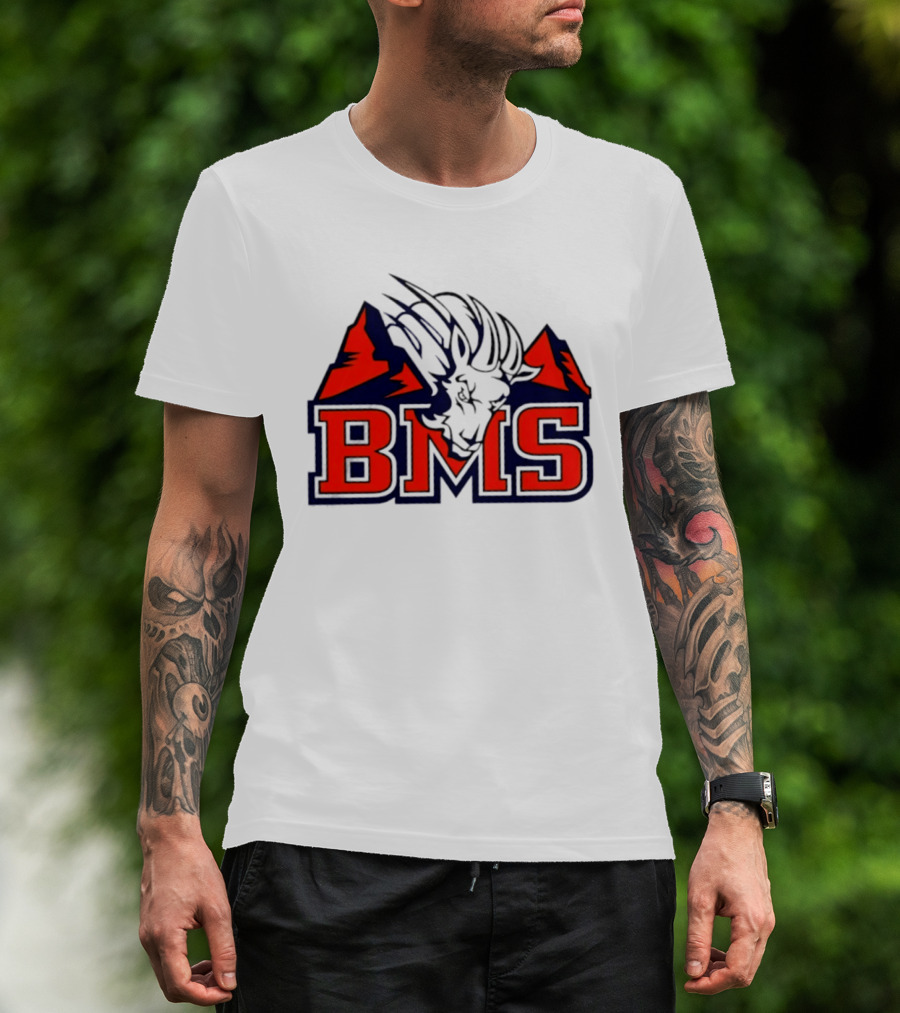 BMS Mountain Ram College Sports Iconic Red And Navy Blue T-Shirt