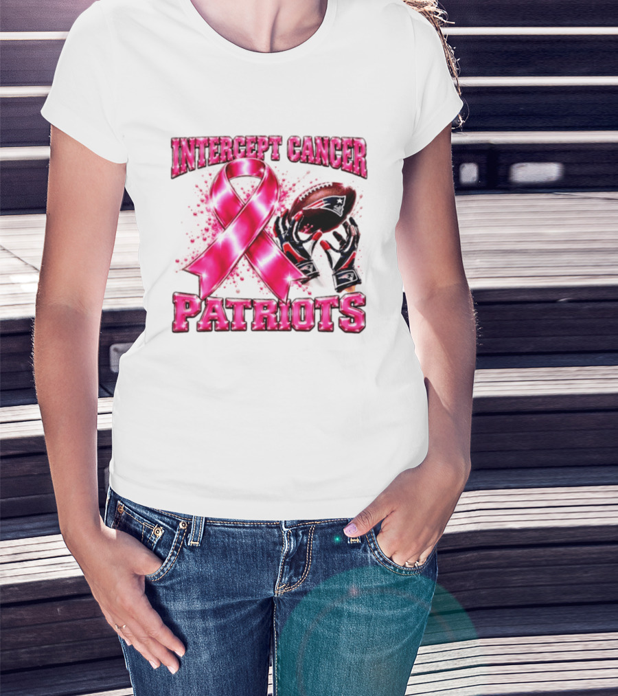 Intercept Cancer New England Patriots 2026 Football Gloves Pink Ribbon Awareness T-Shirt