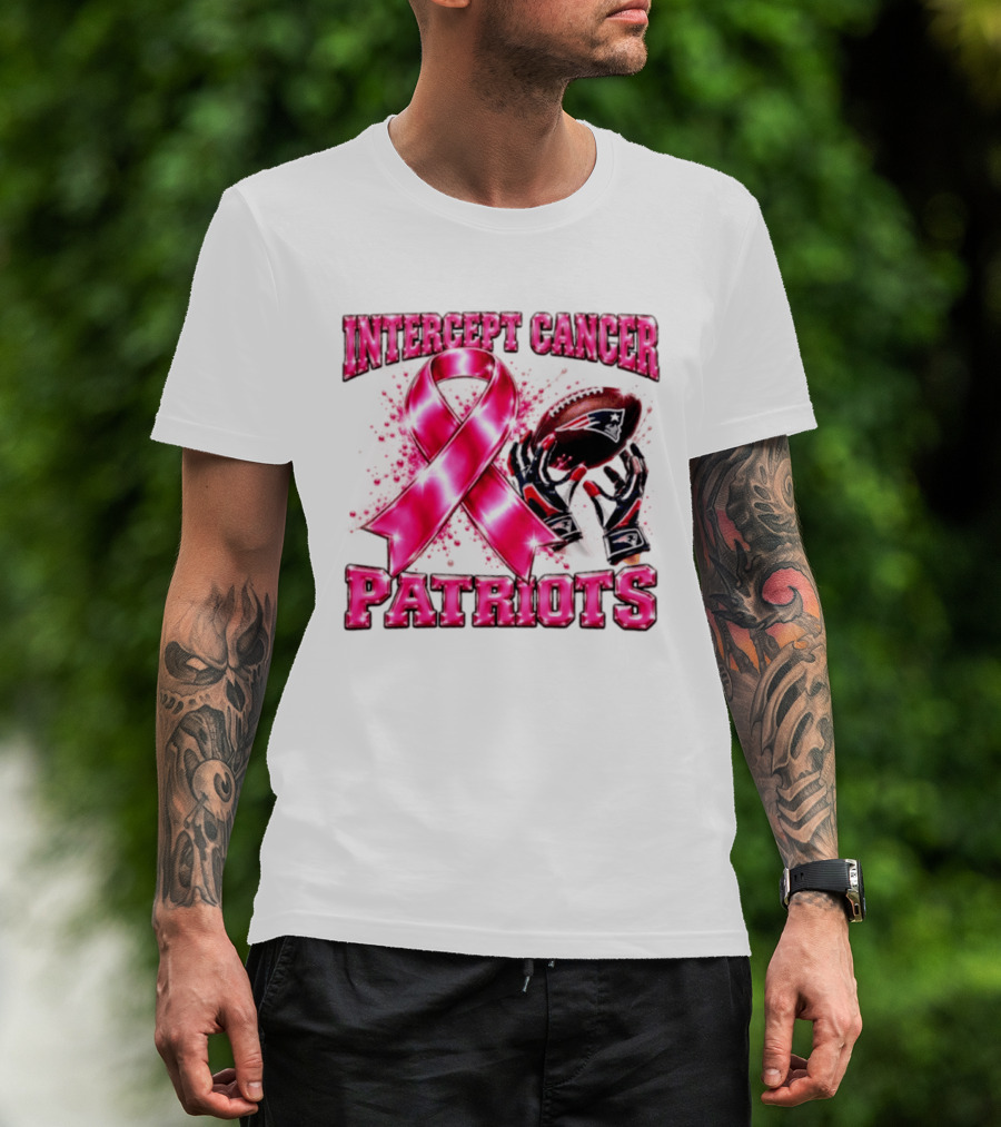 Intercept Cancer New England Patriots 2026 Football Gloves Pink Ribbon Awareness T-Shirt