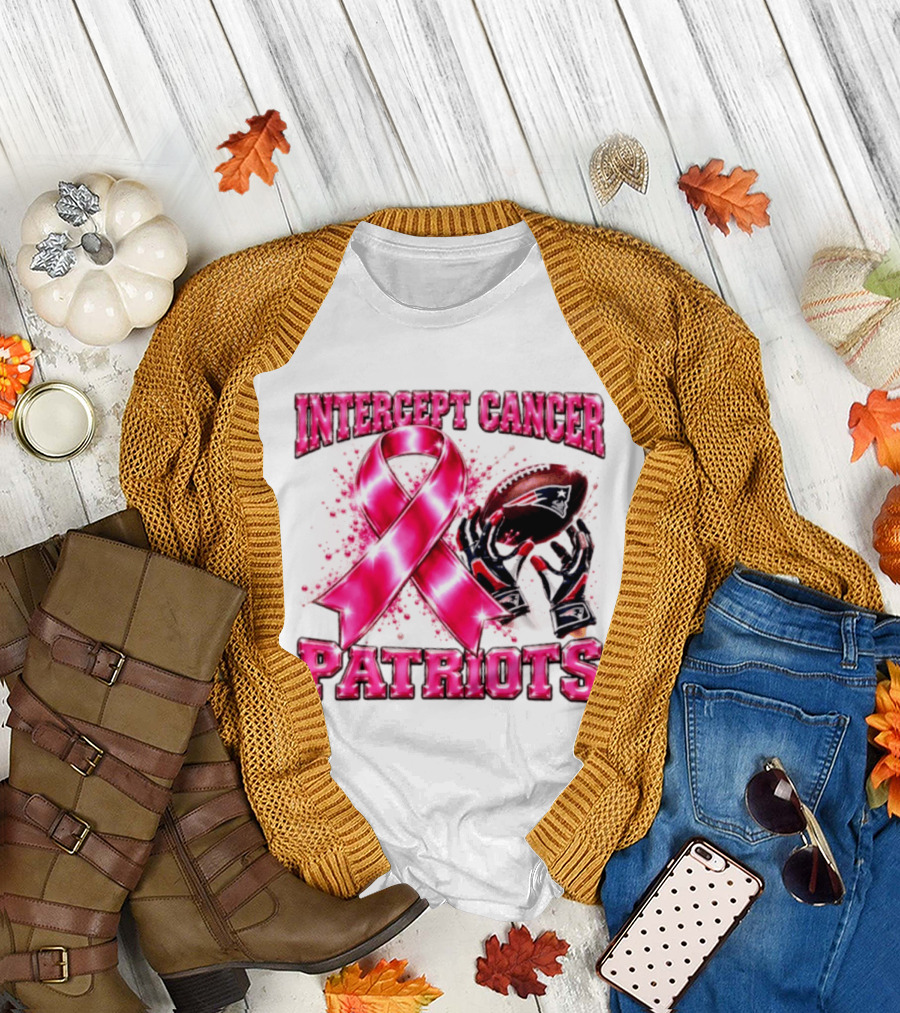 Intercept Cancer New England Patriots 2026 Football Gloves Pink Ribbon Awareness T-Shirt