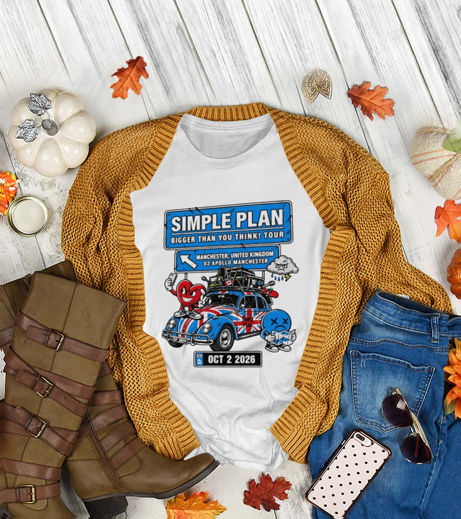 Simple Plan Bigger Than You Think Tour Manchester O2 Apollo Oct 2 2026 Car And Characters T-Shirt