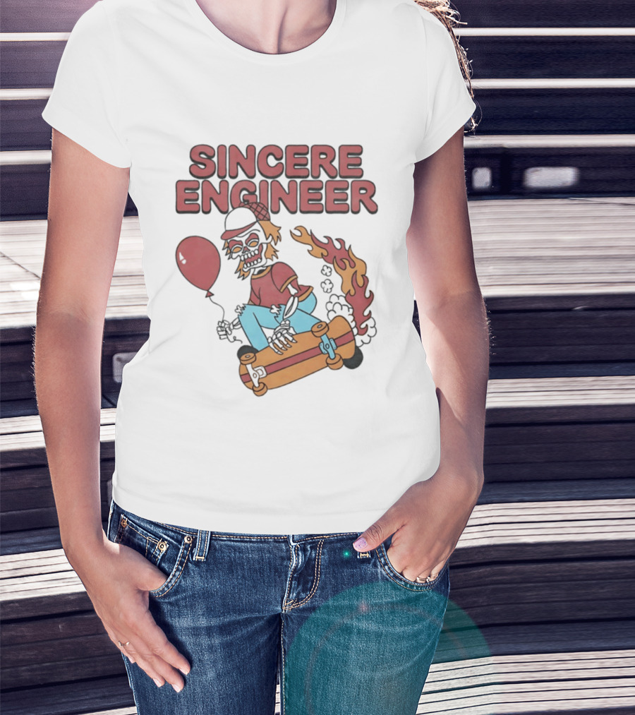 Sincere Engineer Skeleton Skateboarder With Balloon And Flaming Wheels T-Shirt