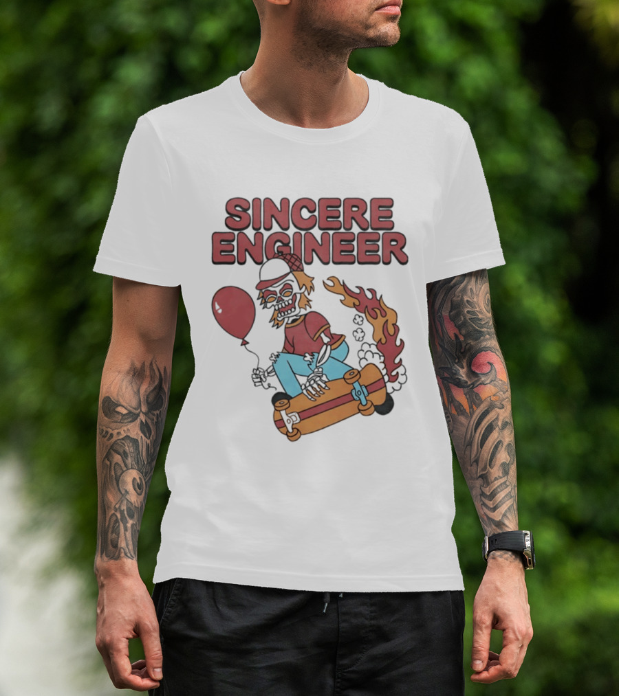 Sincere Engineer Skeleton Skateboarder With Balloon And Flaming Wheels T-Shirt
