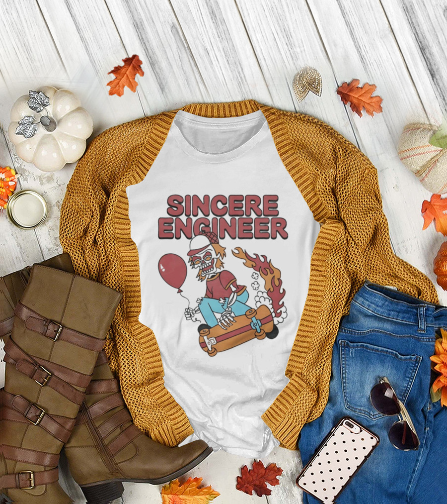 Sincere Engineer Skeleton Skateboarder With Balloon And Flaming Wheels T-Shirt