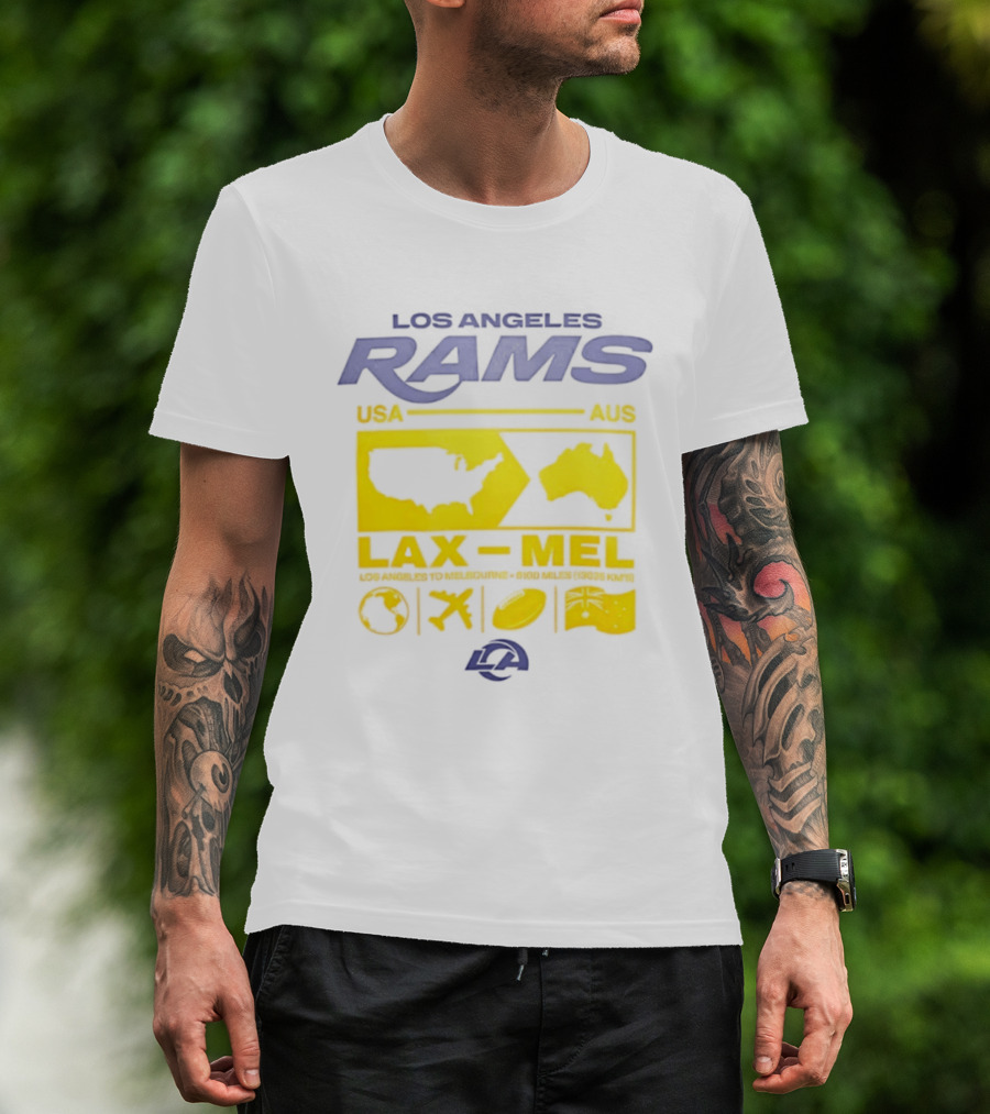 Los Angeles Rams LAX To MEL 2026 USA To Australia Football Journey T-Shirt