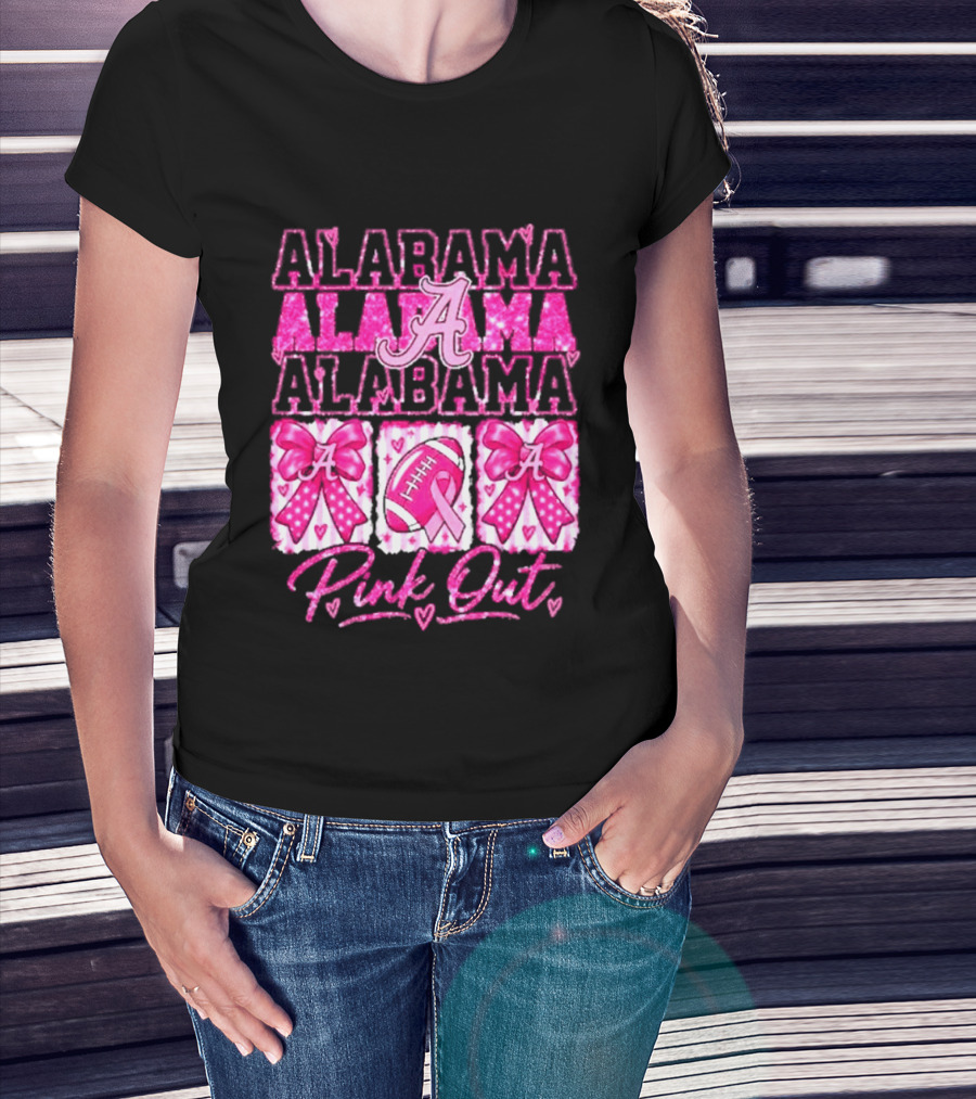 Alabama Crimson Tide A Pink Out Breast Cancer Awareness Football Bow Game Day T-Shirt
