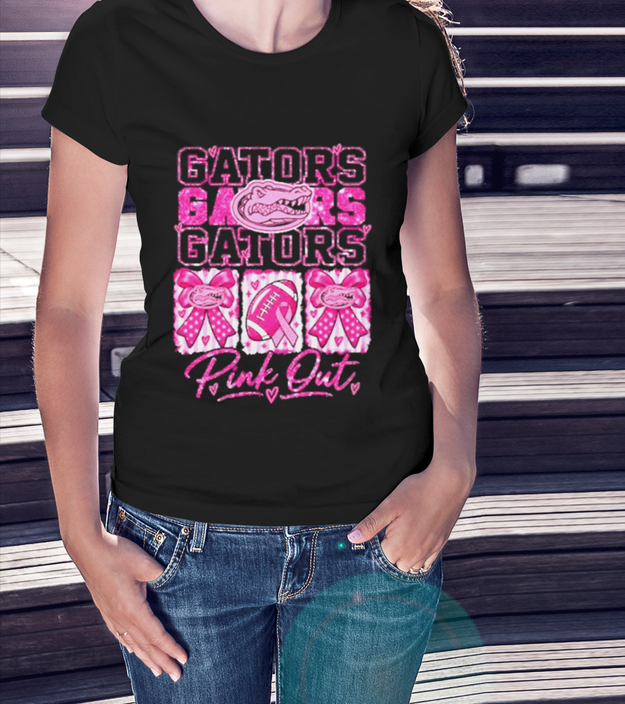 Gators Pink Out Breast Cancer Awareness Game Day Bow Ribbon Football T-Shirt