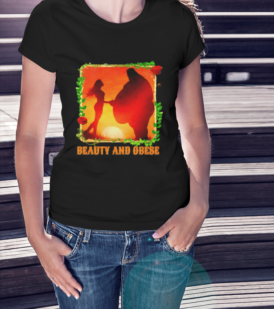 Beauty And Obese Romantic Satire With Sunset Silhouette And Roses T-Shirt