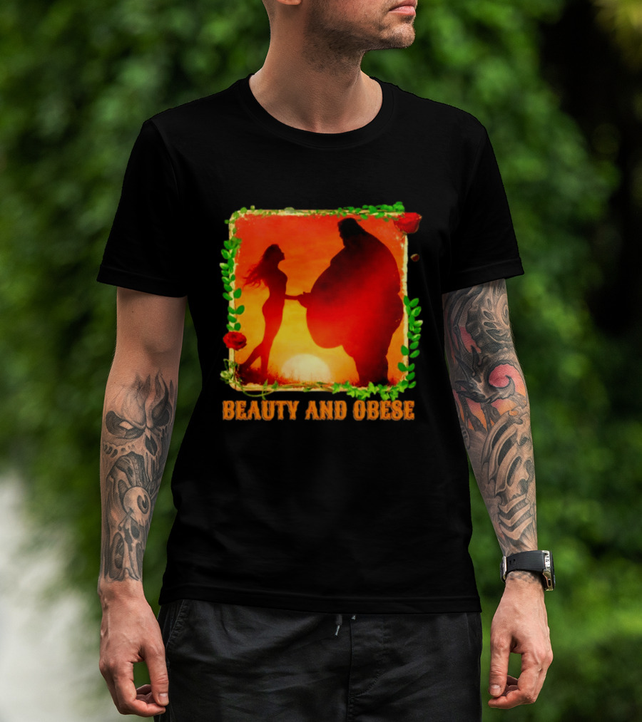 Beauty And Obese Romantic Satire With Sunset Silhouette And Roses T-Shirt