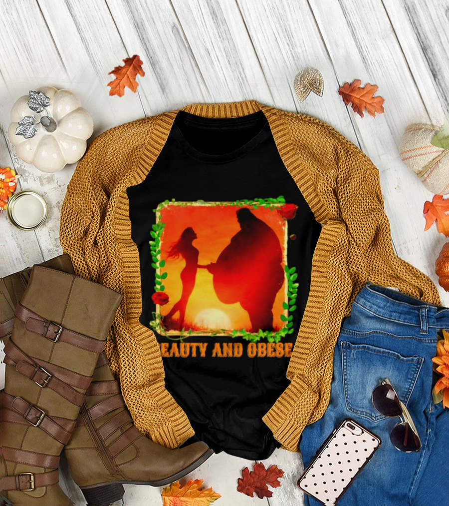 Beauty And Obese Romantic Satire With Sunset Silhouette And Roses T-Shirt