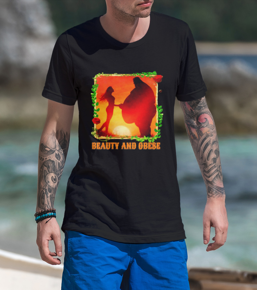 Beauty And Obese Romantic Satire With Sunset Silhouette And Roses T-Shirt