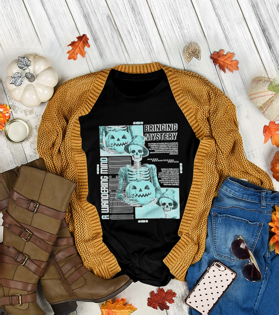 Bringing Mystery A Wandering Mind Halloween Skeleton Pumpkin T-Shirt