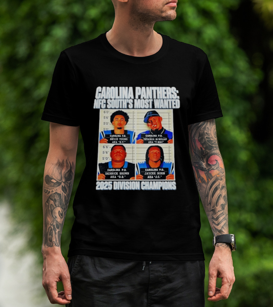 Carolina Panthers NFC South's Most Wanted Bryce Young Derrick Brown Jaycee Horn 2025 Division Champions T-Shirt