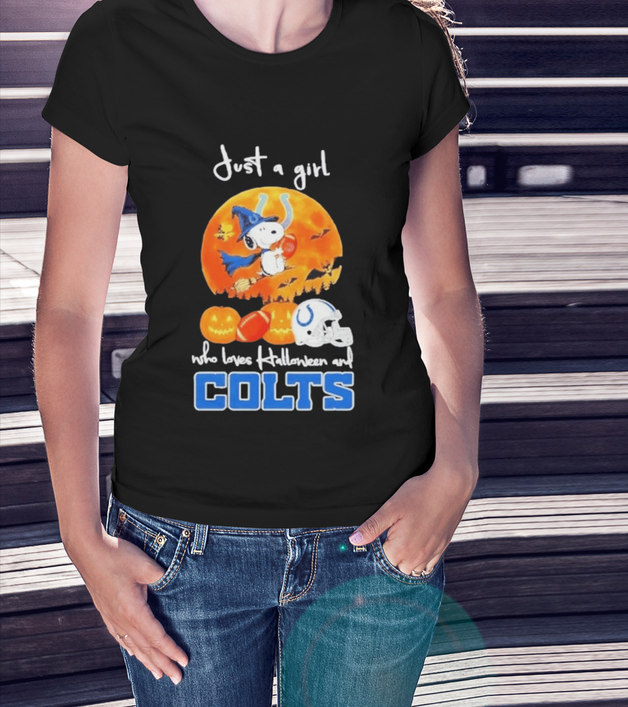 Just A Girl Who Loves Halloween And Colts Snoopy Woodstock Collaboration T-Shirt