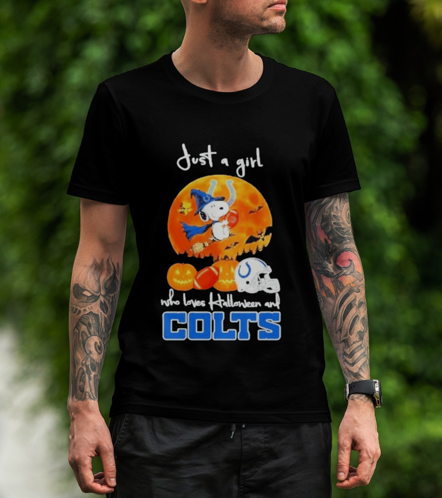 Just A Girl Who Loves Halloween And Colts Snoopy Woodstock Collaboration T-Shirt