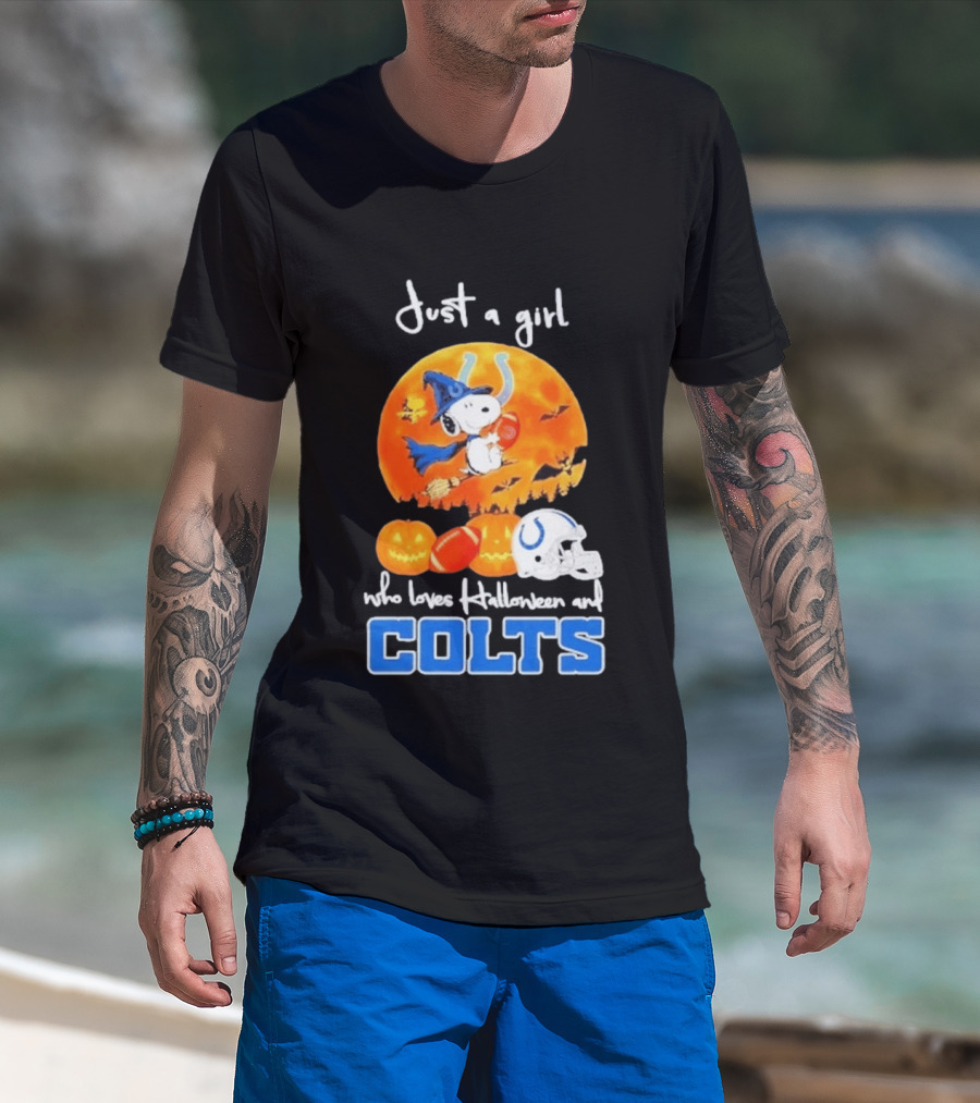 Just A Girl Who Loves Halloween And Colts Snoopy Woodstock Collaboration T-Shirt